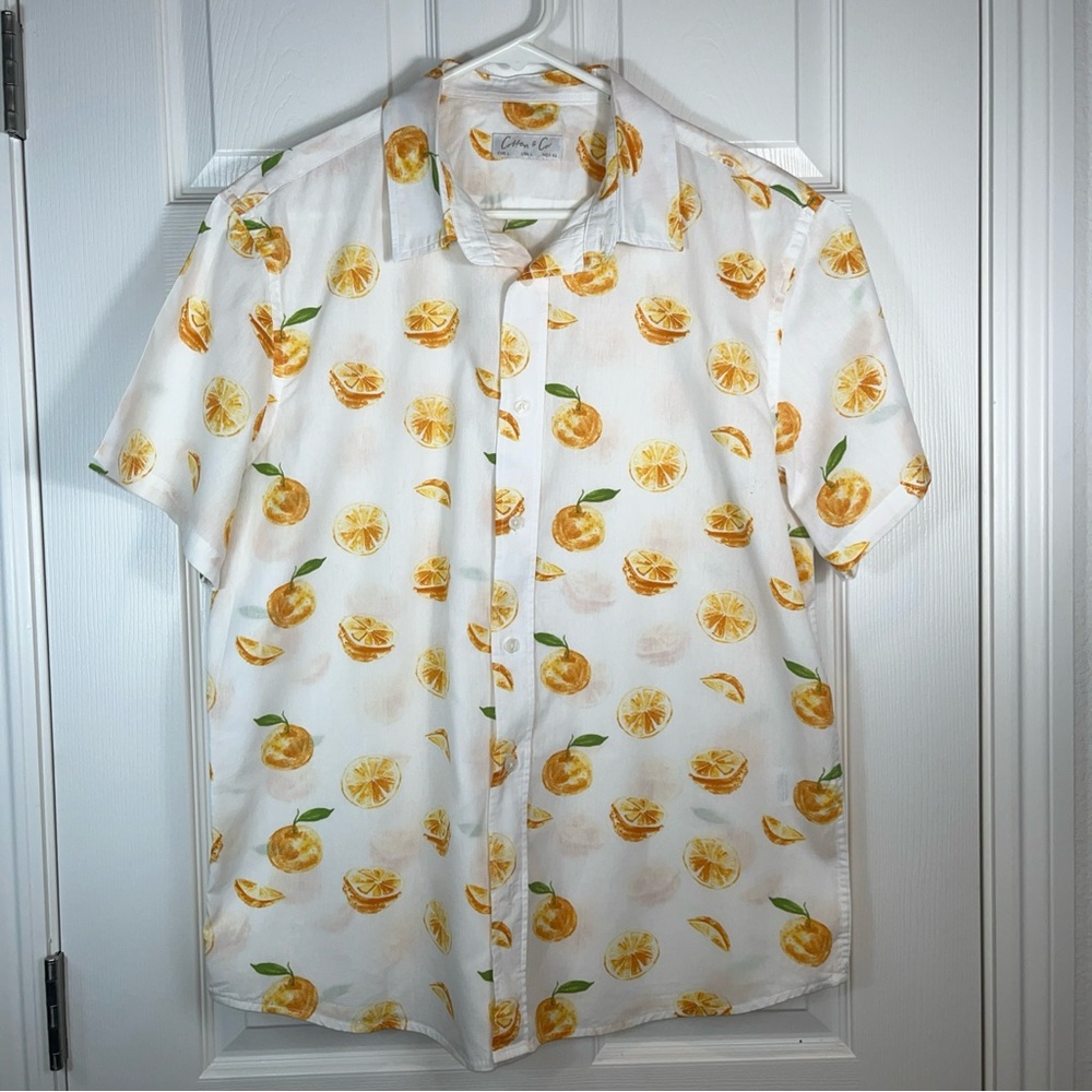 Cotton & Company Mens Large Orange Citrus Print Short Sleeve Button Front Shirt